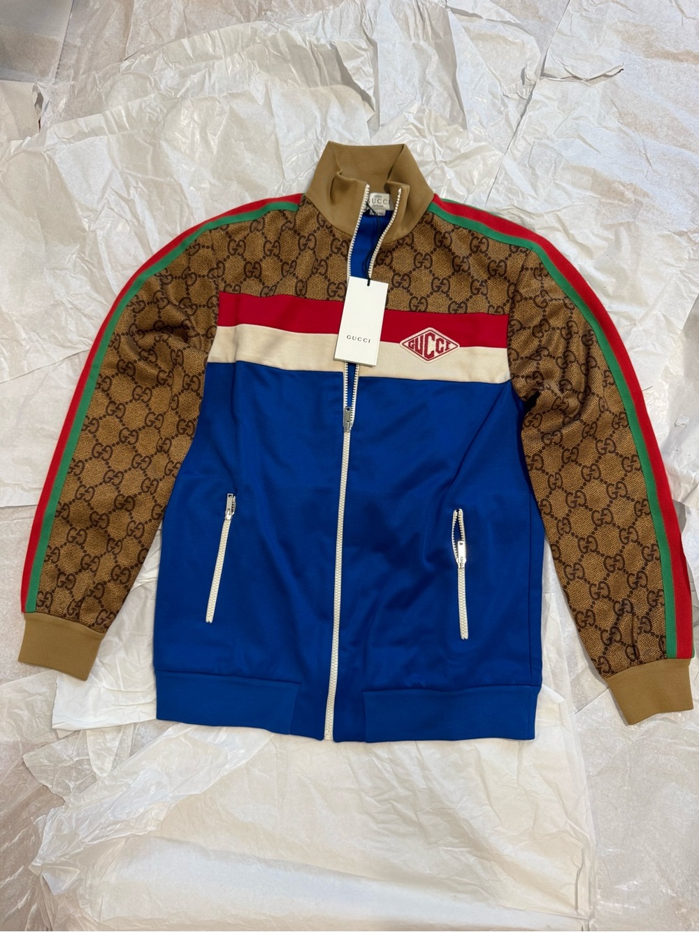 NEW Gucci GG Monogram Web Technical Zip Track Jacket Blue Brown Rare